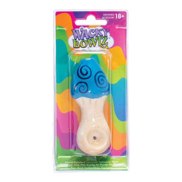 Wacky Bowlz Blue Swirl Mushroom Ceramic Pipe – 4″ - Image 3